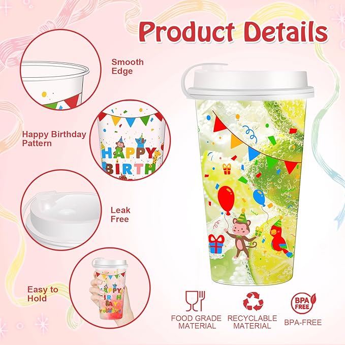50pcs Happy Birthday Disposable Plastic Cups 16 Oz Drinking Cup with Lid, Birthday Party Decorations & Gifts for Boys and Girls, Clear Coffee Cups for Kids, Birthday Theme Party Drinkware Supplies