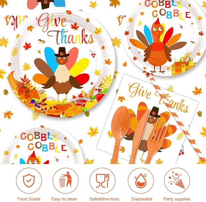 194Pcs Thanksgiving Party Tableware Decorations Supplies Turkey Paper Plates and Napkins Dinnerware Sets Thanksgiving Disposable Plates Set with Napkins and Tablecloth Serves 24