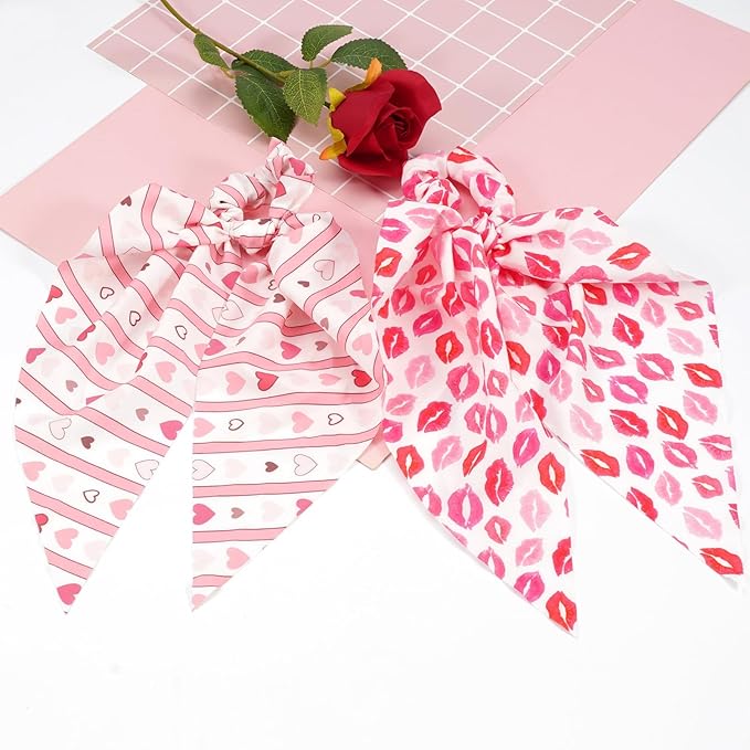 Valentine's Day Hair Ties for Woman Girls Heart Ribbon Valentines Hair Scrunchies Elastic Pink Stripe Lip Hair Tie Party Supplies Hair Accessories 2PCS