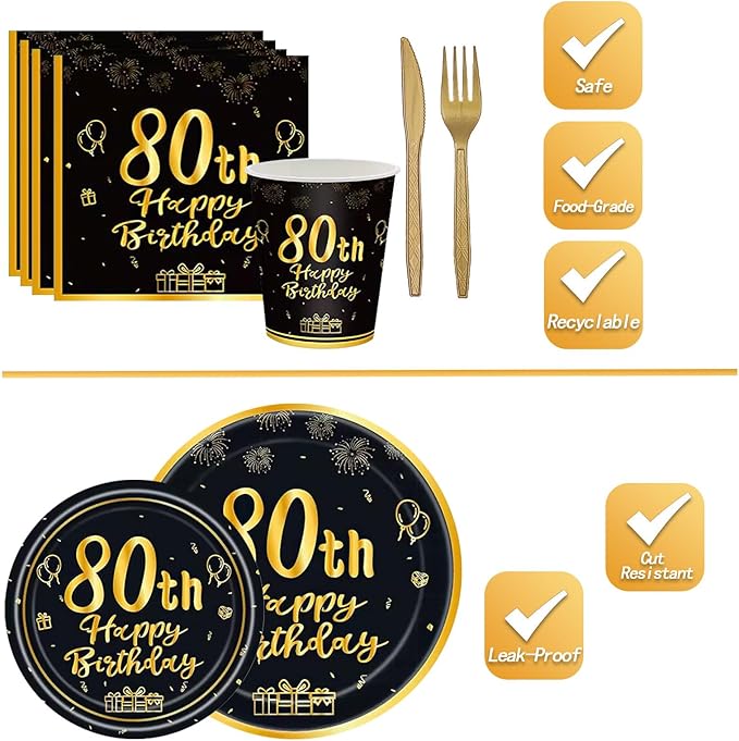 144PCS 80th Birthday Plates and Napkins Birthday Party Supplies 80th Birthday Party Decorations for Men Women Disposable Party Tableware Including Paper Plates Napkins Cups Forks Serve 24