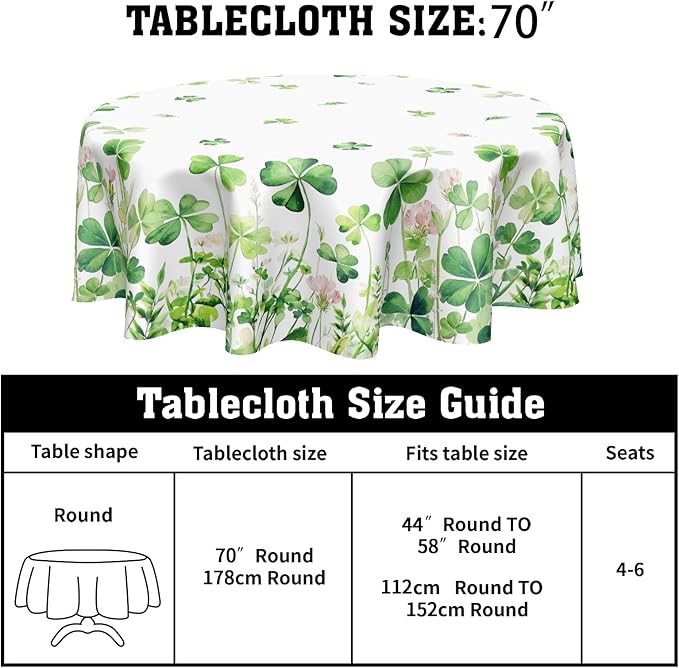 St Patricks Day Tablecloth Round 70 Inch Green Shamrock Table Cloth Farmhouse St Patrick's Day Table Cover for Kitchen Dinner Room Holiday Party Indoor Outdoor Home St Patricks Day Decor
