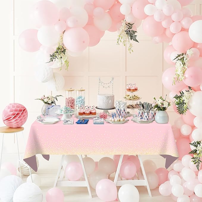 Mulbozy 2 Pcs Pink Tablecloth 54"×108" Gold Dot Pink Table Cloth, Pink Disposable Plastic Tablecover for Birthday, Baby Shower, Picnic, Camping, Event & Parties…