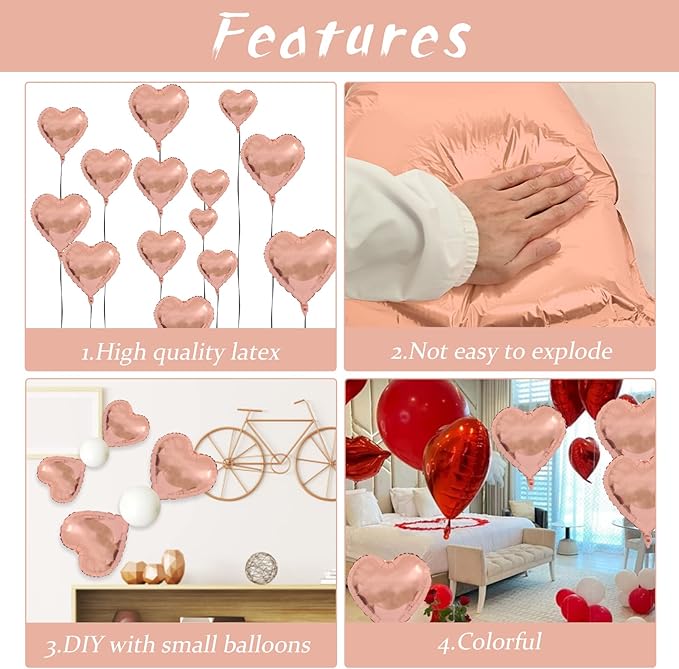 Rose Gold Foil Heart Balloons, 10PCS Rose Gold Heart Shape Balloons, Valentines Balloons 18inch Foil Balloons for Helium Birthday Decorations for Valentines Day, Wedding, Brithday Party, Baby Shower