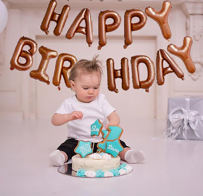 KALOR Brown Happy Birthday Balloons Banner, 16 Inch Mylar Foil Letters Balloon Sign for Birthday Party Decorations Photo Booth Backdrop