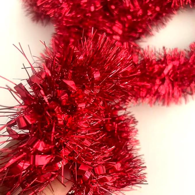 33Ft Christmas Tinsel Garland Shiny Thick Tinsel Xmas Tree Decorations Metallic Twist Foil Red Garland for New Year Parties Valentines Day Easter Parade Floats Indoor Outdoor Supplies - Red