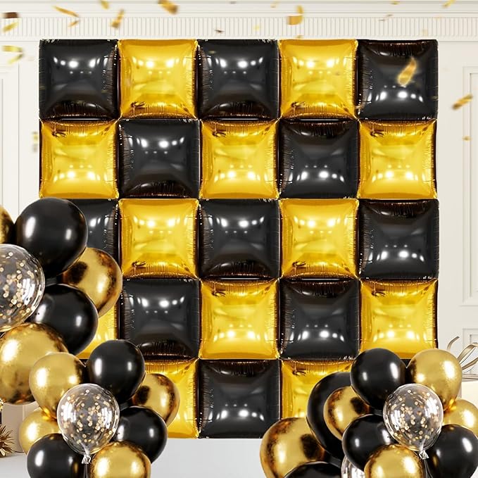 50PCS Black and Gold Square Foil Balloon Wall Backdrop for 2026 New Year Eve Party Decoration, 19'' Double Sided Metallic Balloon Garland Arch Kit for Graduation Anniversary Bachelorette Bridal Decor