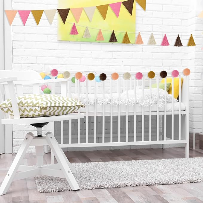 Irenare 9.8ft Pom Pom Garland Felt Rainbow Garland Graduation Party Decoration Colorful Pennant Tassel Banner Birthday Baby Shower Triangle Banner for Classroom School Mantel Fireplace(Boho Color)