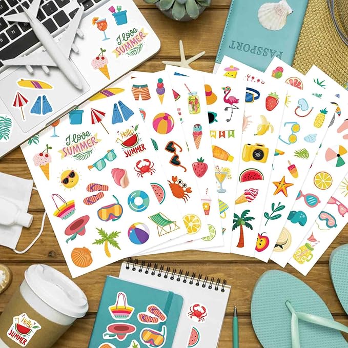 24 Sheets Summer Stickers Pool Beach Luau Hawaii Sun Stickers Hello Summer Ocean Beach Stickers, Watermelon Beer Ice Cream Pineapple Sticker, Summer Theme Family School Classroom Party Favor