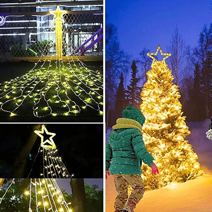 Christmas Decoration Star Lights Outdoor, 320 LED 16.4Ft Christmas Tree Toppers String Lights[8 Modes& Waterproof] for Halloween Xmas New Year Holiday Birthday (Warm White)