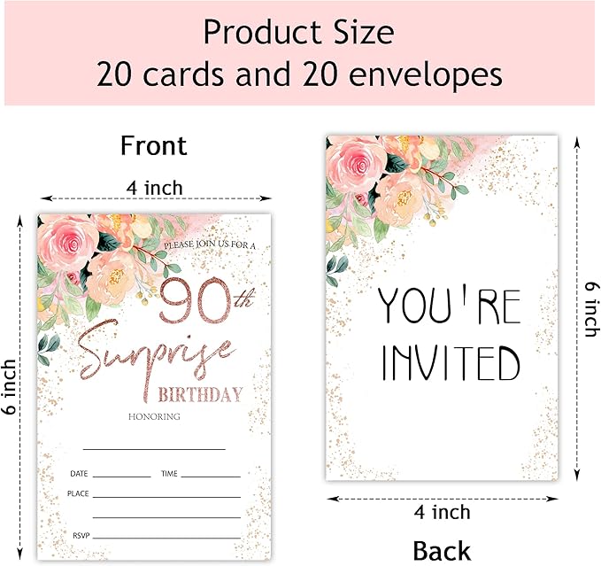 Zodvery Surprise 90th Birthday Party Invitations Cards - 90 Years old Rose Floral Pink Theme Party Supplies for Adult, Woman or Man - 20 Fill in Birthday Party Invitations and 20 Envelopes set/68