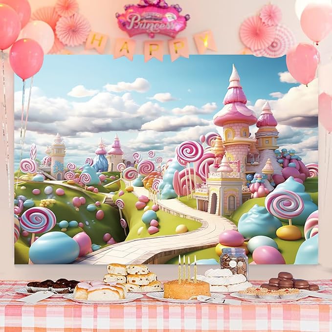 5x3ft Candyland Backdrop Fantasy Sweet Candy Castle Cream Photography Background Candyland Theme Boys Girls Birthday Party Decorations Banner Photo Studio Props
