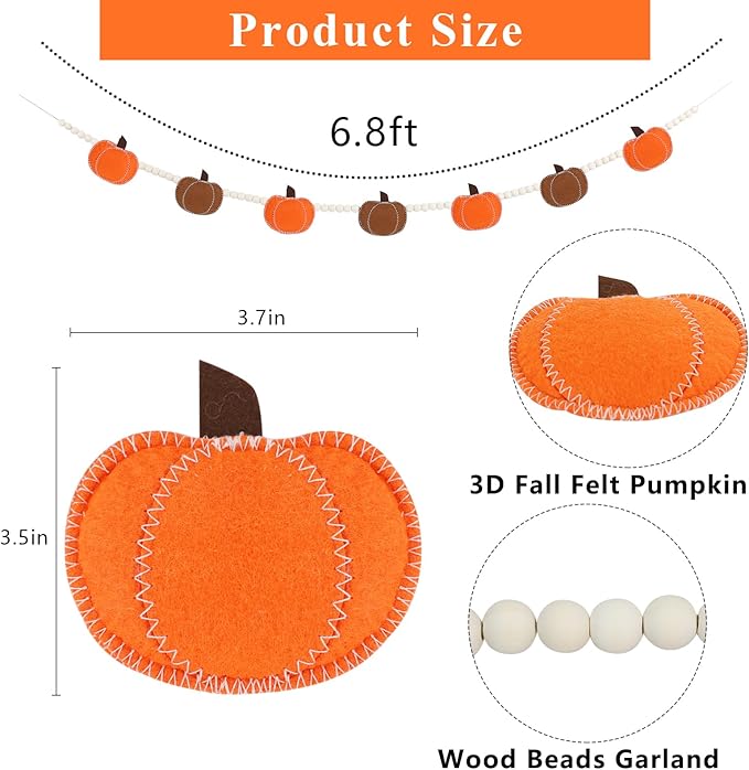 DAZONGE Thanksgiving Decorations for Home, Felt Pumpkin Bead Garland for and Wood Bead for Thanksgiving Decor, Fall Banner for Mantle Wall Decor