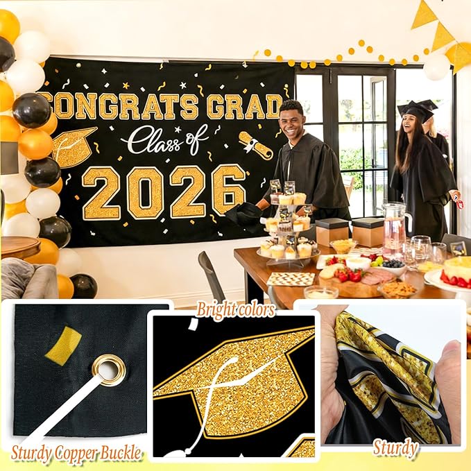 WOHOHOHO 23Pcs Graduation Decorations 2026 Set, Black Gold Porch Door Sign GRAD Banner, Class of 2026 Backdrop, 5 Colors Large Balloons, Party Supplies for High School College Indoor Outdoor Decor