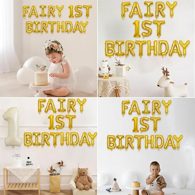 2 Set 32Pcs Gold Fairy 1st Birthday Letter Balloons 16in Foil Decorations Party Decor Supplies