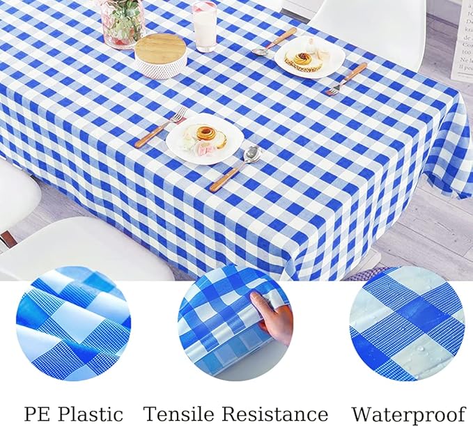 Yancorp 2 Pack Plastic Blue and White Checkered Tablecloths 54 x 108 Inch Picnic Table Covers Disposable Table Covers for Rectangle