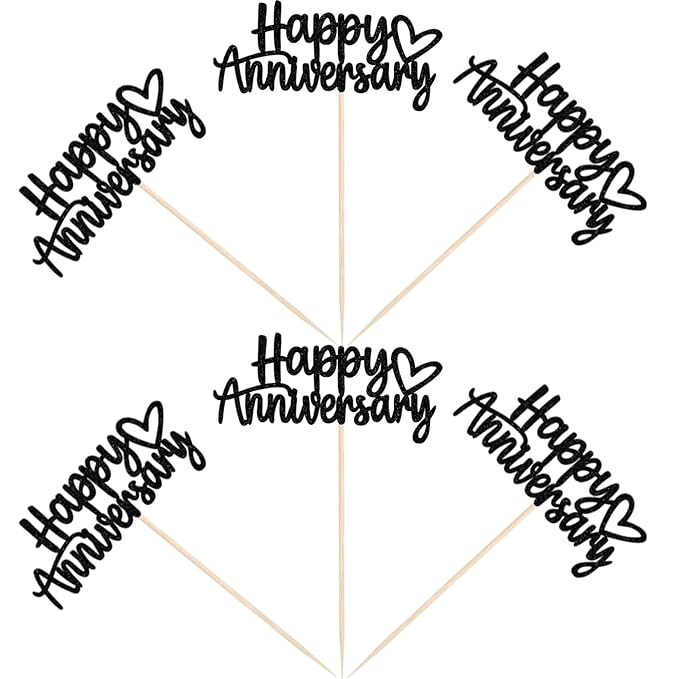 24 PCS Happy Anniversary Cupcake Toppers Glitter Wedding Anniversary Cupcake Picks Decorations for Wedding Anniversary Birthday Party Supplies Black