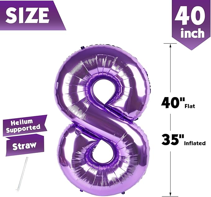 40 Inch Purple Number 8 Balloon, Giant 8 Number Balloons for 8th Birthday Decorations, Party Supplies for Baby Boy Girl, Purple Party Decor
