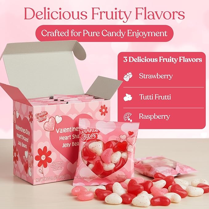 30 Pack Valentines Day Jelly Beans – Bulk Heart Shapead Candy – Strawberry, Tutti Frutti, Raspberry Delicious Flavors – Valentine Love Candie's Great Use, For Kids, Party Favor, Classrooms Partys, Goodie Bags