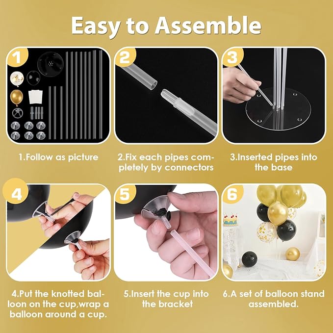4 Sets Balloon Stand Kit, Balloon Sticks Holder with Black and Gold Balloons Table Centerpiece Party Decorations for 2026 New Years Eve Graduation Father's Day Anniversary(Black and Gold)