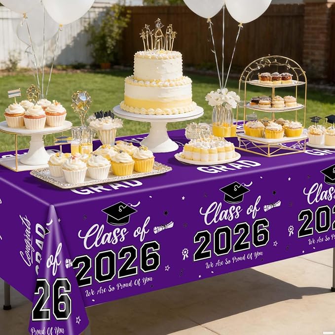 Oigco 2026 Graduation Decorations, 2 Pack Purple Graduation Tablecloths Class of 2026, Congrats Grad Plastic Table Cloths for Graduation Party Decorations, 54 x 108 Inch