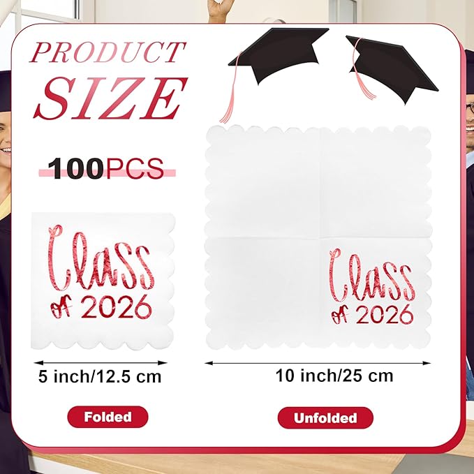 100 Pcs Class of 2026 Graduation Cocktail Napkins 5 x 5 Inch Congrats Grad Scalloped Paper Napkins for Dinner Beverage Graduate Decorations(Red)