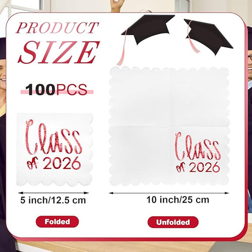 100 Pcs Class of 2026 Graduation Cocktail Napkins 5 x 5 Inch Congrats Grad Scalloped Paper Napkins for Dinner Beverage Graduate Decorations(Red)
