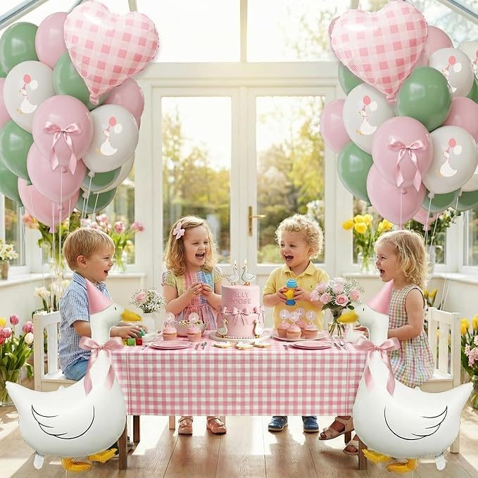 One Silly Goose Birthday Decorations Girl – Goose Balloons with Pink Printed Latex Balloons, Pink Bow & Hats, Cute Baby Girl 1st Birthday Party Supplies