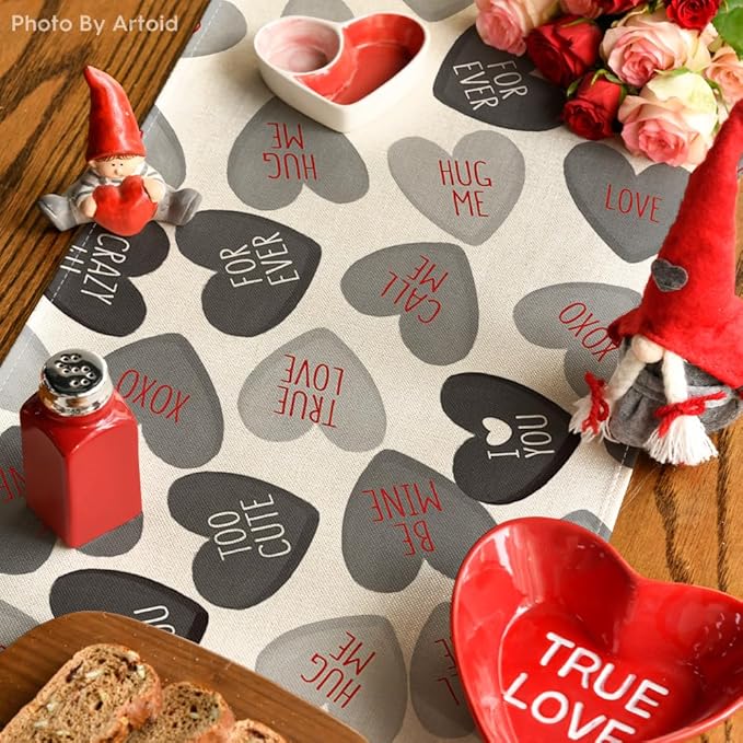 Artoid Mode Black Ture Love Heart Valentine's Table Runner, Seasonal Kitchen Dining Table Decoration for Home Party Decor 13x72 Inch