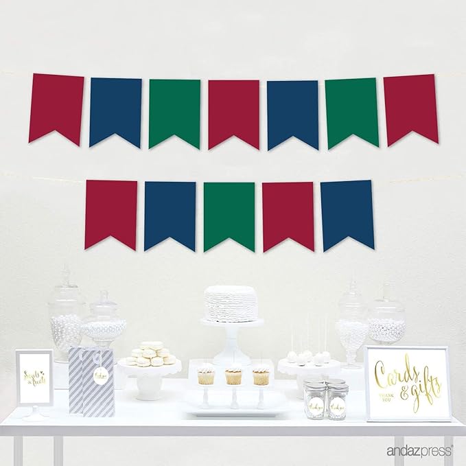 Andaz Press Hanging Pennant Banner with String, Burgundy, Emerald Green, Navy Blue, 1-Set, 24 Pennants, Approx. 12-Feet Long, Jewel Toned Theme Colored Supplies