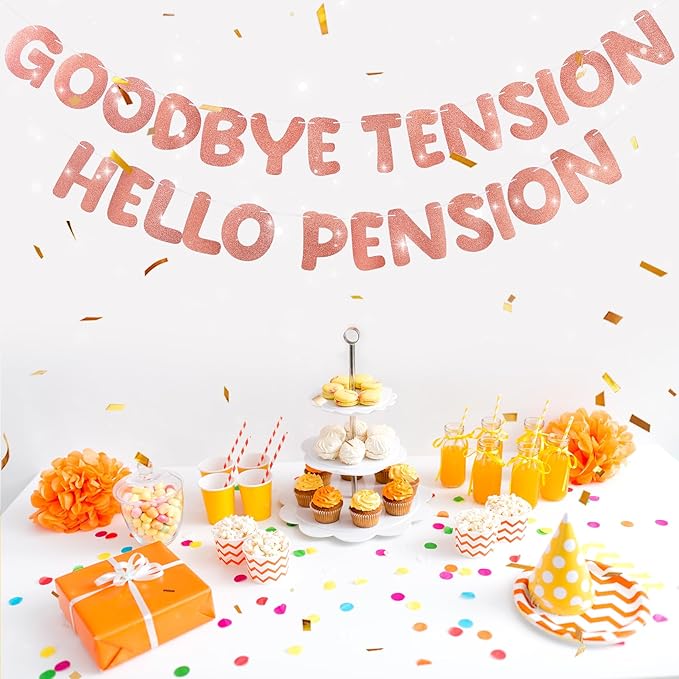 Retirement Banner Pre-Strung GOODBYE TENSION HELLO PENSION Banner Glitter Retirement Party Supplies Decorations for Women Men Office Home Decor (Rose Gold)