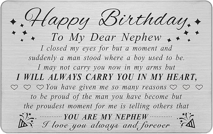 DEGASKEN Birthday Card for Nephew Adult - Nephew Birthday Card from Aunt - Happy Birthday Gifts for Nephews, Special Metal Engraved Wallet Cards