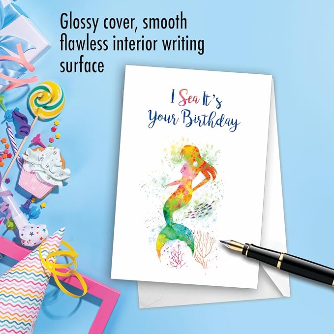 The Best Card Company - 1 Fun Birthday Greeting Card - Mythical Bday Notecard with Envelope - Funky Rainbow Mermaids C6863GBDG