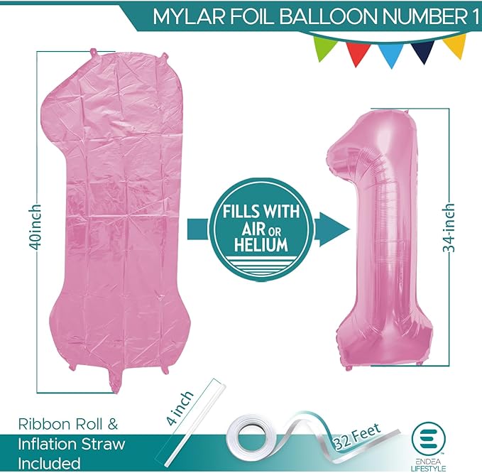 40 Inch Large Pink Number Celebration and Decoration Balloon for Birthday Parties, Graduations, Anniversaries, Weddings, Photo Shoots, Special Events - Helium Foil Mylar (Pink Number 1)