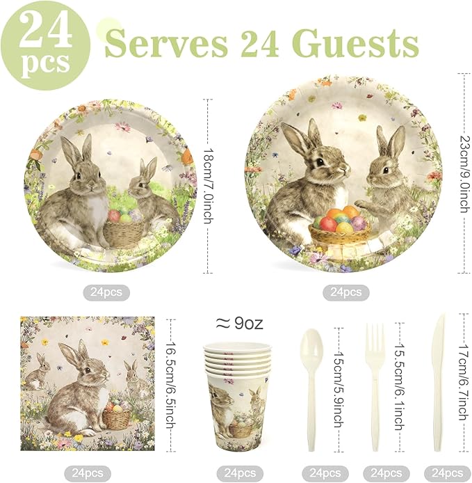 Easter Paper Plates Decorations - 168Pcs Bunny 9" Dinner Plates 7" Dessert Plates 9 OZ Paper Cups Napkins Set Cutlery Happy Easter Rabbit Party Supplies Serves 24