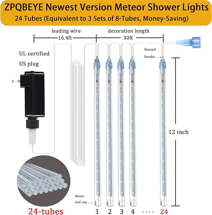 Meteor Shower Lights Outdoor Christmas Lights 24-Tube 576LEDs Snow Falling Rain Cascading Icicle String Light for Xmas Tree Christmas Decorations Wedding Party Holiday Yard Garden Decor, UL Plug White