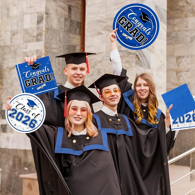 Graduation Party Plates and Napkins Blue Class of 2026 Grad Congrats Party Supplies Disposable Dessert Paper Plates Cocktail Napkins forGraduation Party Decorations,Serve 50
