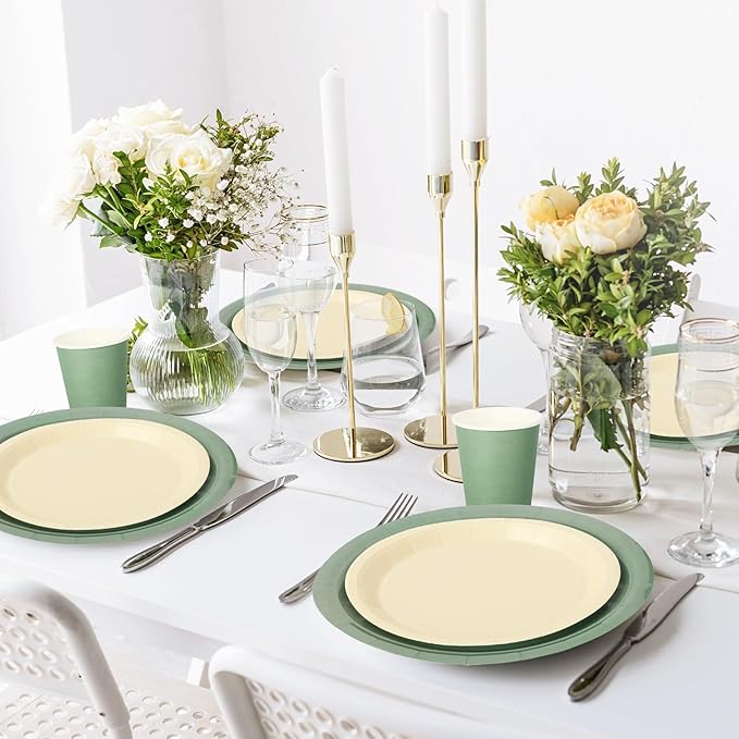 Whaline 100Pcs Ivory Sage Green Tableware Set Wedding Disposable Dinnerware 50Pcs Paper Plates 25Pcs Napkin 25Pcs Cups For Birthday Party Supplies Table Decor