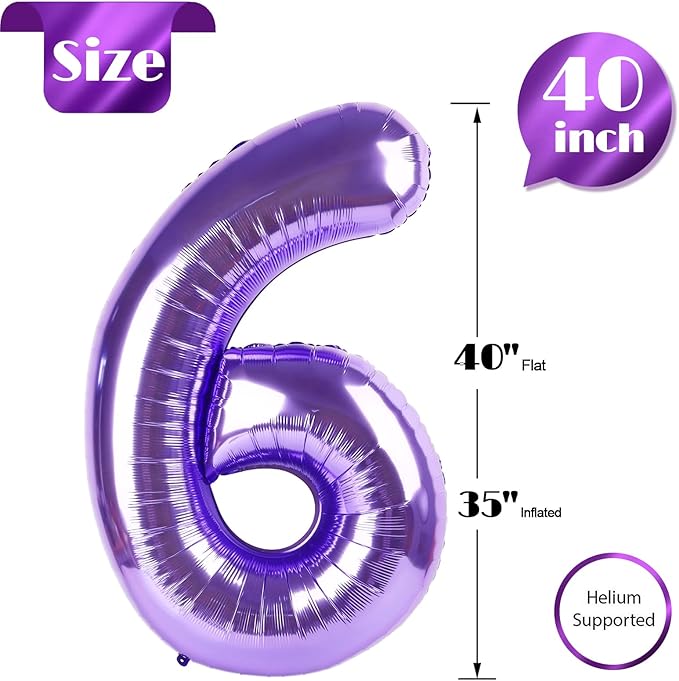 Purple Number 6 Balloon 40 Inch, 6th Birthday Party Decorations for Children, Giant 6 Foil Balloon for Party Supplies