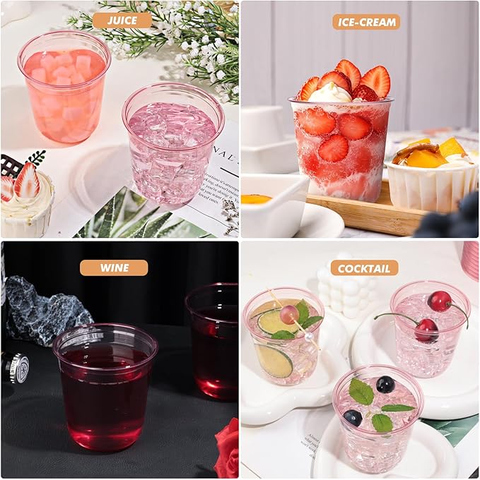 KesaPlan 100 Pcs Pink Plastic Cups, 12oz Disposable Stemless Wine Glasses for Cocktail Cute Clear Cocktail Wine Glasses Pink Party Cups for Valentine's Galentine's Day Wedding Christmas Party