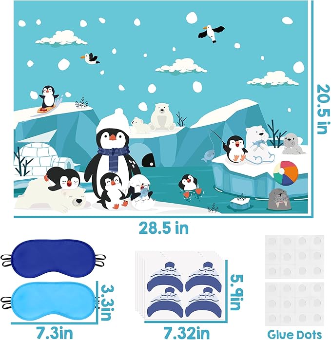 Winter Party Games for Kids Christmas Pin the Hat On the Penguin Large Poster with Stickers Blindfolds Fun Polar Arctic Animals Activities Party Decorations for Xmas Holiday Birthday Family Gatherings