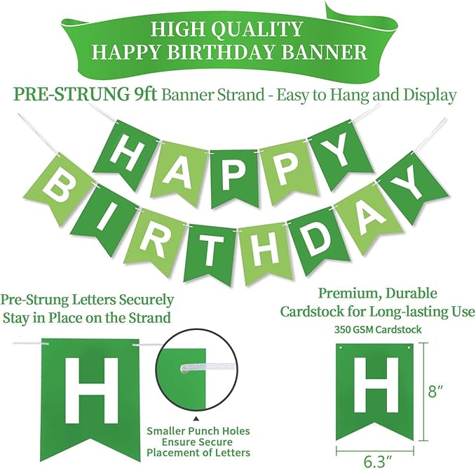 Green Birthday Decorations, Green and White Happy Birthday Banner, Happy Birthday Decorations for Women Men Girls Boys