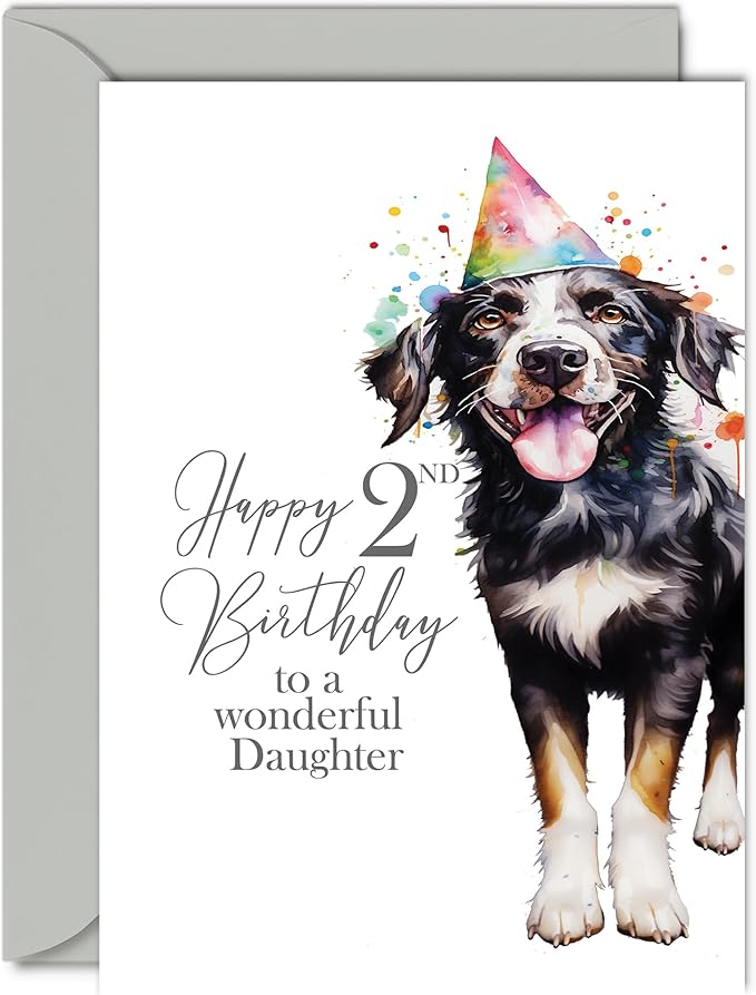 2nd Birthday Cards for Daughter - Party Dog - Happy Birthday Card for 2 Year Old Daughter from Dad Mum, 5x7 Inch Bday Girls Girl Kids Greeting Cards Gift for Daughter Birthday Gifts