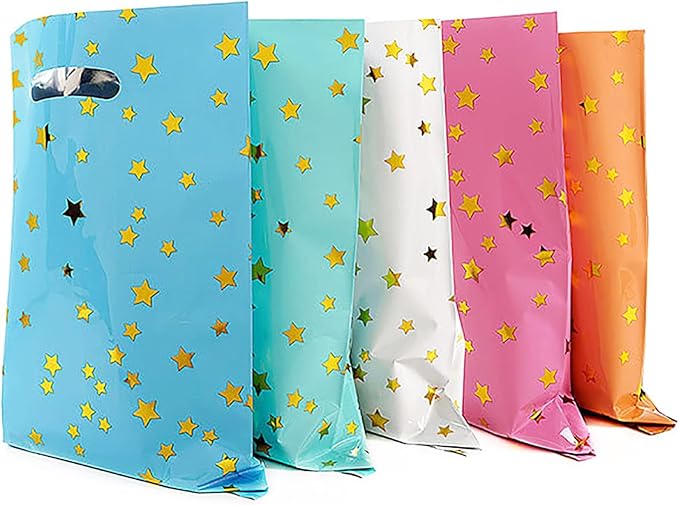25 Party Favor Bags for Kids Birthdays, Goodie Candy Bags in 5 Colors with Star Pattern