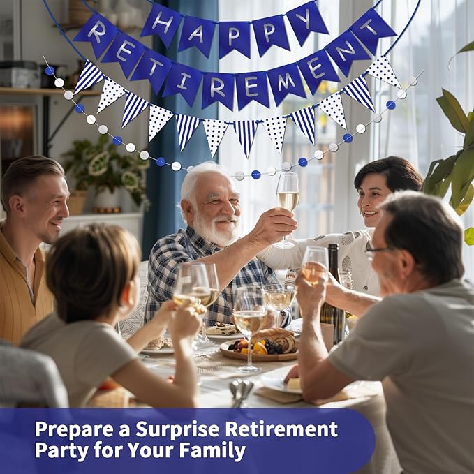 Happy Retirement Banner Assembled GAGAKU Blue and Silver Retirement Party Decorations Supplies Kit Blue White Paper Pennant Banner for Men Women Office Farewell Party