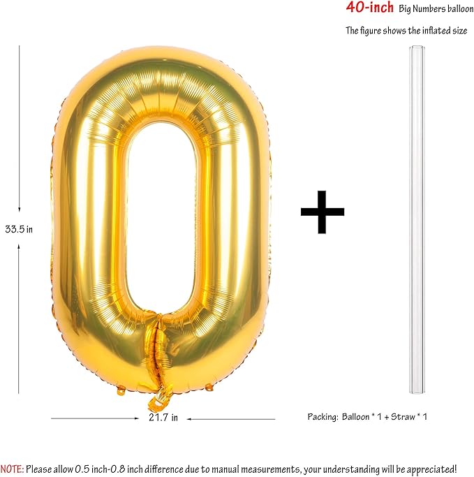 40 Inch Large Gold Number Balloons 0 Aluminum Foil Mylar Big Number Balloons 0-9 Suitable for Gold Birthday Parties, Weddings and Anniversary Photography