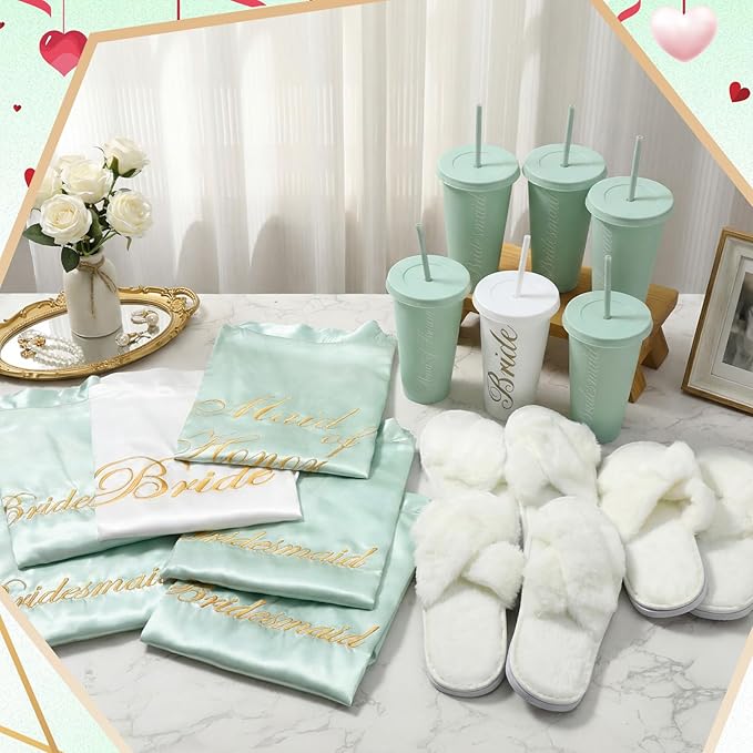 Bonuci 24 Pcs Bridesmaid Bride Robes Set of 8 Bridal Satin Robes Fluffy Slippers Drinking Cups for Wedding Bachelorette Party