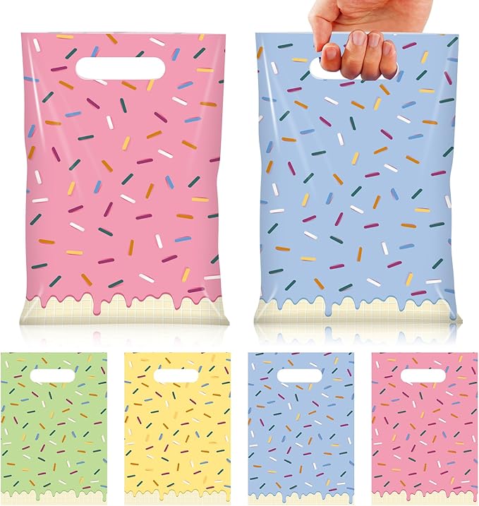 Hallswl 50pcs Ice Cream Party Favor Plastic Treat Bags,Ice Cream Candy Bag,4 Color Sprinkles Goodie Bag for Icecream Theme party decorations and Summer Birthday Party Supplies