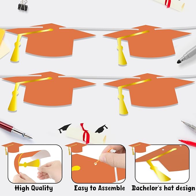 16PCS Orange 2025 Congrats Grad Banner, Glitter 2025 Graduation Decorations Banner, Class of 2025 Banner Garland High School College Graduation Party Decorations Supplies Decor