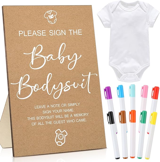 Qunclay 12 Pcs Baby Shower Game Decor with White Unisex Bodysuit Wooden Sign Tabletop Decor and Marker for Guests(Kraft)