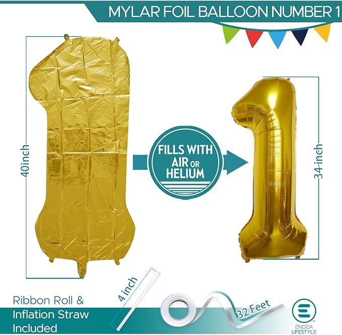 40 Inch Large Gold Number Celebration and Decoration Balloon for Birthday Parties, Graduations, Anniversaries, Weddings, Photo Shoots, Special Events - Helium Foil Mylar (Gold Number 1)